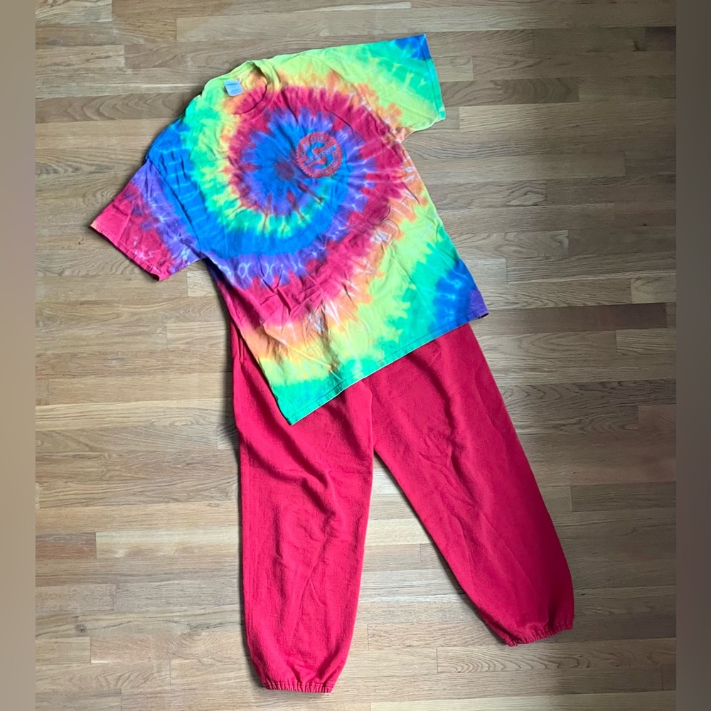 VINTAGE TIE DYE LOCAL LOGO TEE SHIRT FRUIT OF THE LOOM SWEATPANTS L LARGE SET